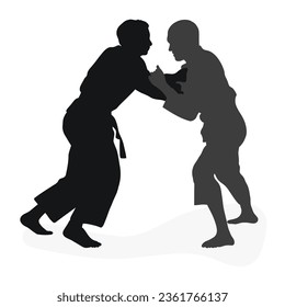 Image silhouette judoka. Judo, martial art, sportsmanship, wrestling, duel, grappling, combating, fighting, struggle