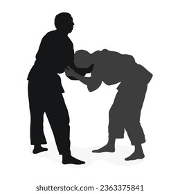 Image silhouette judoka. Judo, martial art, sportsmanship, wrestling, duel, grappling, combating, fighting, struggle