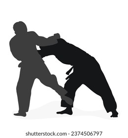 Image silhouette judoka. Judo, martial art, sportsmanship, wrestling, duel, grappling, combating, fighting, struggle