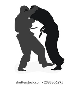 Image silhouette judoka. Judo, martial art, sportsmanship, wrestling, duel, grappling, combating, fighting, struggle