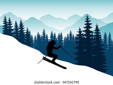 Image silhouette of a man on skis with ski poles in his hands against a backdrop of mountains and forests. Descent on the ski slopes. Abstract vector.