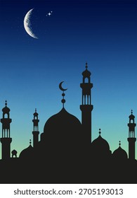 The image is a silhouette of a mosque against a dusk or dawn sky with a crescent moon, a common visual associated with Islamic holidays such as Eid al-Adha. 