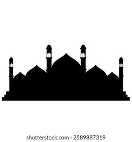Image of the silhouette of a mosque with domes and minarets