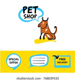 Image of silhouette sitting dog. Element design banner, poster, logo, sign for animal store, market, boutique. Mascot. Pet shop. Special offer for free delivery. 
