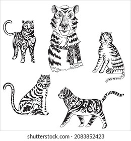 Image of a silhouette of a tiger, decorative pattern on a white background (vector)