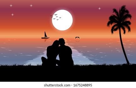 image silhouette twilight with woman riding a horse on the beach and there is a moon on the sea, design vector illustration