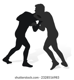 Image of a silhouette of a wrestler athlete in a fighting pose. Greco Roman wrestling, combating, duel, fight, martial art, sportsmanship