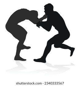 Image of a silhouette of a wrestler athlete in a fighting pose. Greco Roman wrestling, combating, duel, fight, martial art, sportsmanship