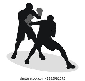 Image of silhouettes of boxing athletes, MMA fighters. Boxing, bout, fighting, infighting, outfighting, pugilism, duel, ring craft, mixed martial arts, mma, sportsmanship  
