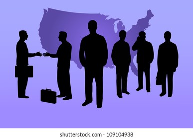 Image of silhouettes of business men with the map of the USA in the background.