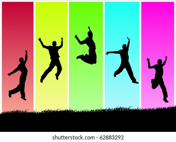 Image of silhouettes jumping on a colorful background.