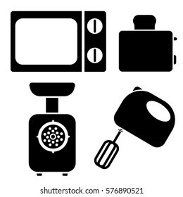 image silhouettes of kitchen devices namely, microwave, toaster, blender, chopper