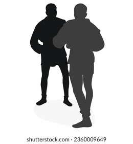 Image of silhouettes sambo athletes in sambo wrestling, combat sambo, duel, fight, fistfight, struggle, tussle, brawl, jiu jitsu. Martial art, sportsmanship