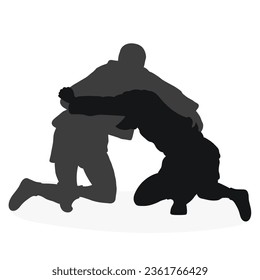 Image of silhouettes sambo athletes in sambo wrestling, combat sambo, duel, fight, fistfight, struggle, tussle, brawl, jiu jitsu. Martial art, sportsmanship