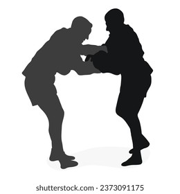 Image of silhouettes sambo athletes in sambo wrestling, combat sambo, duel, fight, fistfight, struggle, tussle, brawl, jiu jitsu. Martial art, sportsmanship