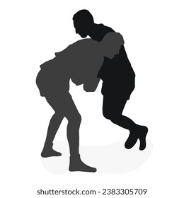 Image of silhouettes sambo athletes in sambo wrestling, combat sambo, duel, fight, fistfight, struggle, tussle, brawl, jiu jitsu. Martial art, sportsmanship