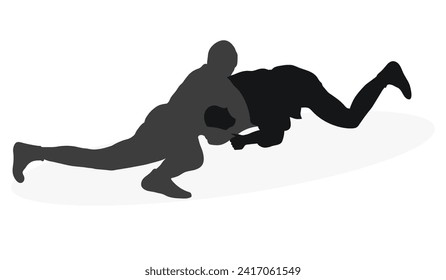 Image of silhouettes sambo athletes in sambo wrestling, combat sambo, duel, fight, fistfight, struggle, tussle, brawl, jiu jitsu. Martial art, sportsmanship