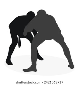 Image of silhouettes sambo athletes in sambo wrestling, combat sambo, duel, fight, fistfight, struggle, tussle, brawl, jiu jitsu. Martial art, sportsmanship