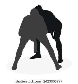 Image of silhouettes sambo athletes in sambo wrestling, combat sambo, duel, fight, fistfight, struggle, tussle, brawl, jiu jitsu. Martial art, sportsmanship