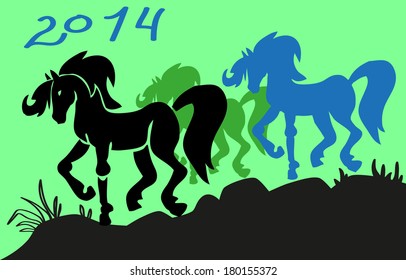 Image of silhouettes of three beautiful horses, with the characters figure in 2014.