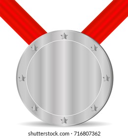 The image of a silver medal with a red ribbon. Medal for second place