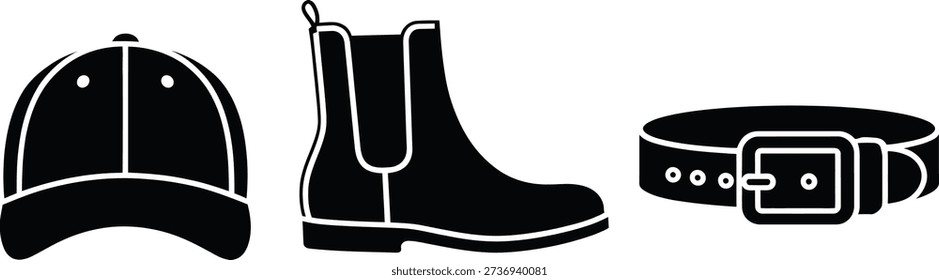 The image is a simple black and white illustration featuring a baseball cap, a boot, and a belt, all outlined in white, set against a plain white background.