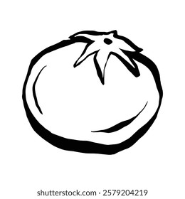 The image is a simple black and white line drawing of a single tomato.