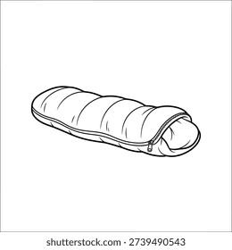 The image is a simple black and white line drawing of a sleeping bag, depicted in a relaxed, open position on a plain white background.

