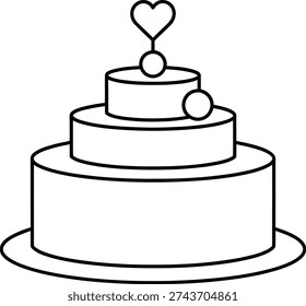 The image is a simple black and white line drawing of a three-tiered wedding cake. Each tier is smaller than the one below it, and they are all circular. The top tier has a small ball on it, with a heart-shaped decoration