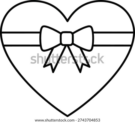 The image is a simple black and white line drawing of a heart-shaped object, presumably a gift, wrapped with a ribbon and bow. The heart is symmetrical and has a simple bow tied around its middle.