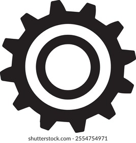 Image is a simple, black and white vector graphic of a gear or cogwheel. The gear is depicted in a solid black color with a circular center and evenly spaced teeth around the perimeter. 