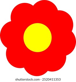 The image is a simple drawing of a red flower with a yellow center. The flower is stylized and the petals are rounded. The center circle is yellow and slightly offset towards the right. 