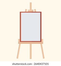 Image of a simple, flat-style wooden easel with a blank white canvas. The easel has three legs, a reddish-brown frame, and a light-beige wooden tone.