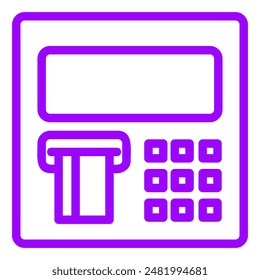 The image is a simple line drawing of an ATM machine. It includes a screen, card reader, and keypad.