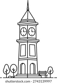 The image is a simple line drawing of a clock tower with a pointed roof, two clock faces, and a bench in front. There are trees on either side of the bench.


