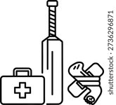 The image is a simple line drawing of a first aid kit with a cross on it, a spray bottle with a long nozzle, and a pile of bandages. The objects are drawn in black lines on a plain white background.
