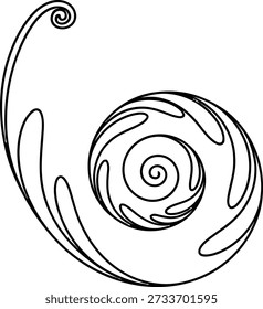 The image is a simple line drawing of a spiral shape, with a single black line on a white background. The spiral starts from a small circle in the center and curves outward in a smooth, flowing motion, with a small curl at the end of the line.