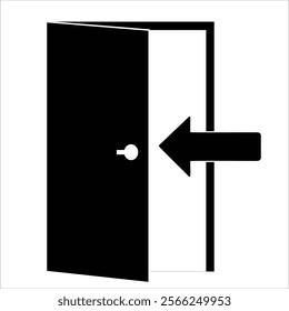 The image is a simple, minimalist graphic showing a black door ajar, with a large black arrow pointing to the left, indicating an exit.  The background is a muted gray.  The style is stark and symboli