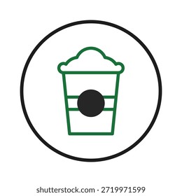 An image of a simple, stylized coffee cup within a circular emblem, showcasing the concept of coffee, convenience, and enjoyment, featuring a green outline for a modern, minimalistic design. This
