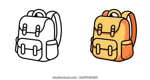 Image of a simple yellow and color backpack, with a white background, can be used as an icon or logo.