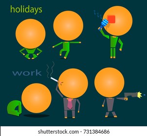 The image of six people with big heads. They perform different actions. One smokes, the second sings, the third shoots from a pistol and so on.
