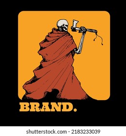 Image Of A Skeleton Wearing A Yellow Robe And Carrying An Axe, Perfect For Printing On Clothes Or For Stickers.