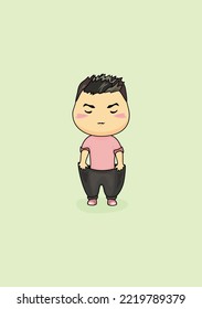 An image of a skinny boy supporting his trousers, which have become large on a light green background.A cartoonishly slimmed down baby