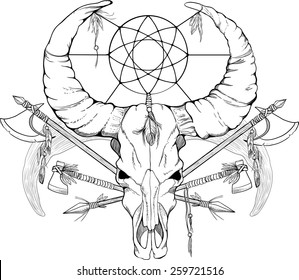 image of a skull with axes and spears tattoo style black and white 