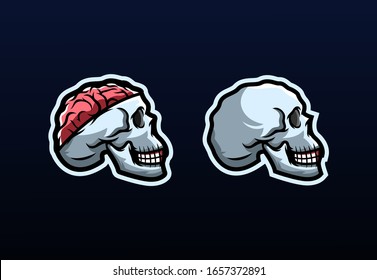 Bild eines Schädels mit einem Gehirn, das aus dem Kopf kommt und für das Teamlogo oder das Begleitlogo und das Maskottlogo oder das T-Shirt-Design geeignet ist