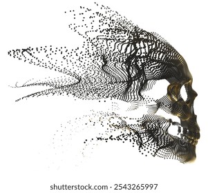 An image of a skull created from many small particles. The skull consists of swirls and flows, creating a sense of movement and ephemerality. This is digital art. Vector illustration