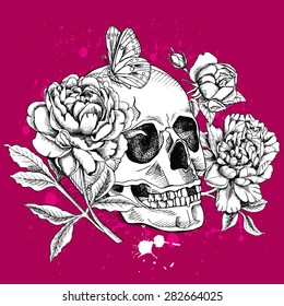 Image of a skull with flowers Rose, Peony and butterfly on vinous background. Vector illustration.