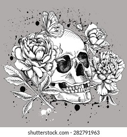 Image of a skull with flowers Rose, Peony and butterfly on gray background. Vector illustration.