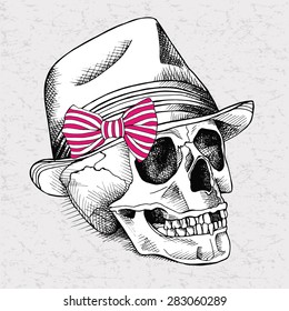 Image of skull in a hat with a bow. Vector illustration.