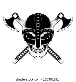The image of a skull in a helmet with two axes. Black and white vector image on white background.